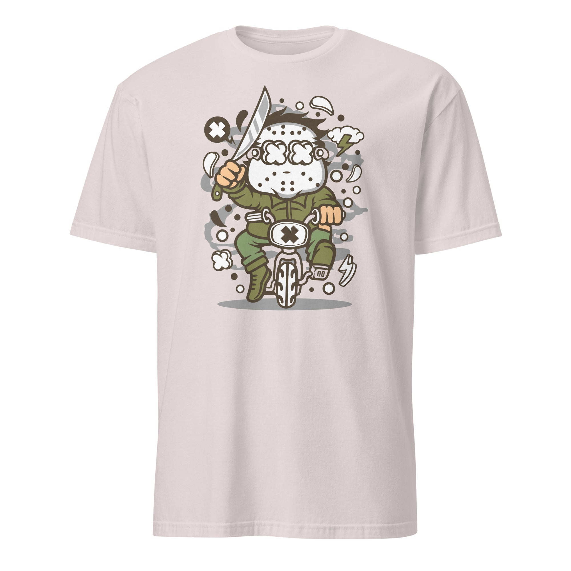 Ice Grey T-shirt with a graphic design of a character riding a bike on a white background