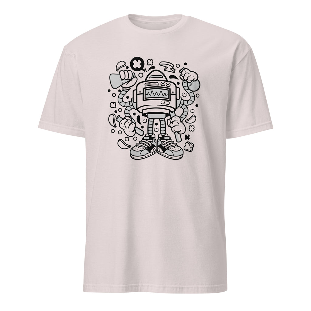 Ice Grey t-shirt with a black robot graphic on a white background
