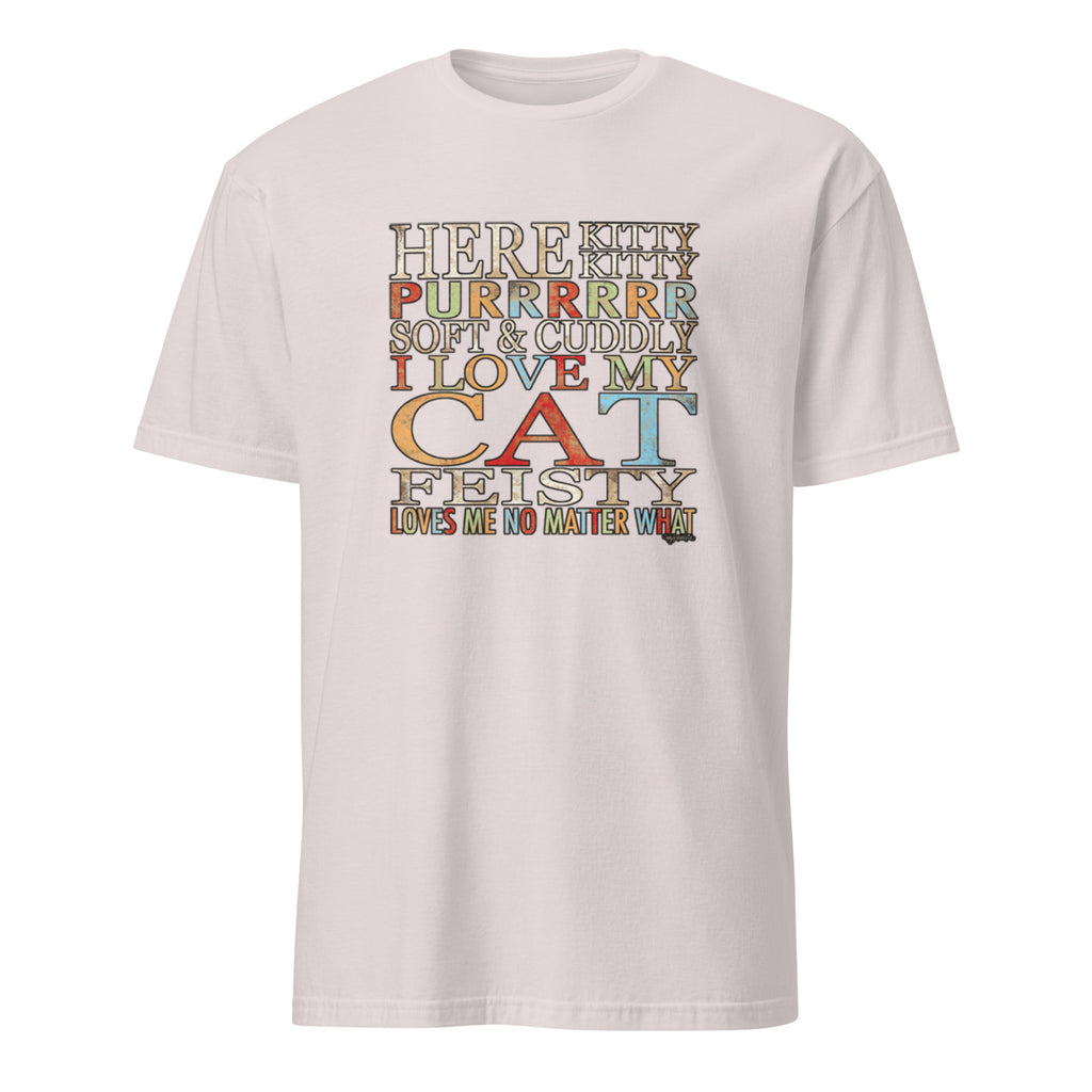Natural t-shirt with colorful I Love My Cat text design on a white background