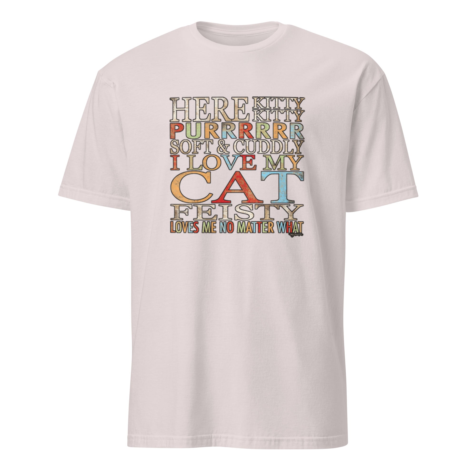 Natural t-shirt with colorful I Love My Cat text design on a white background