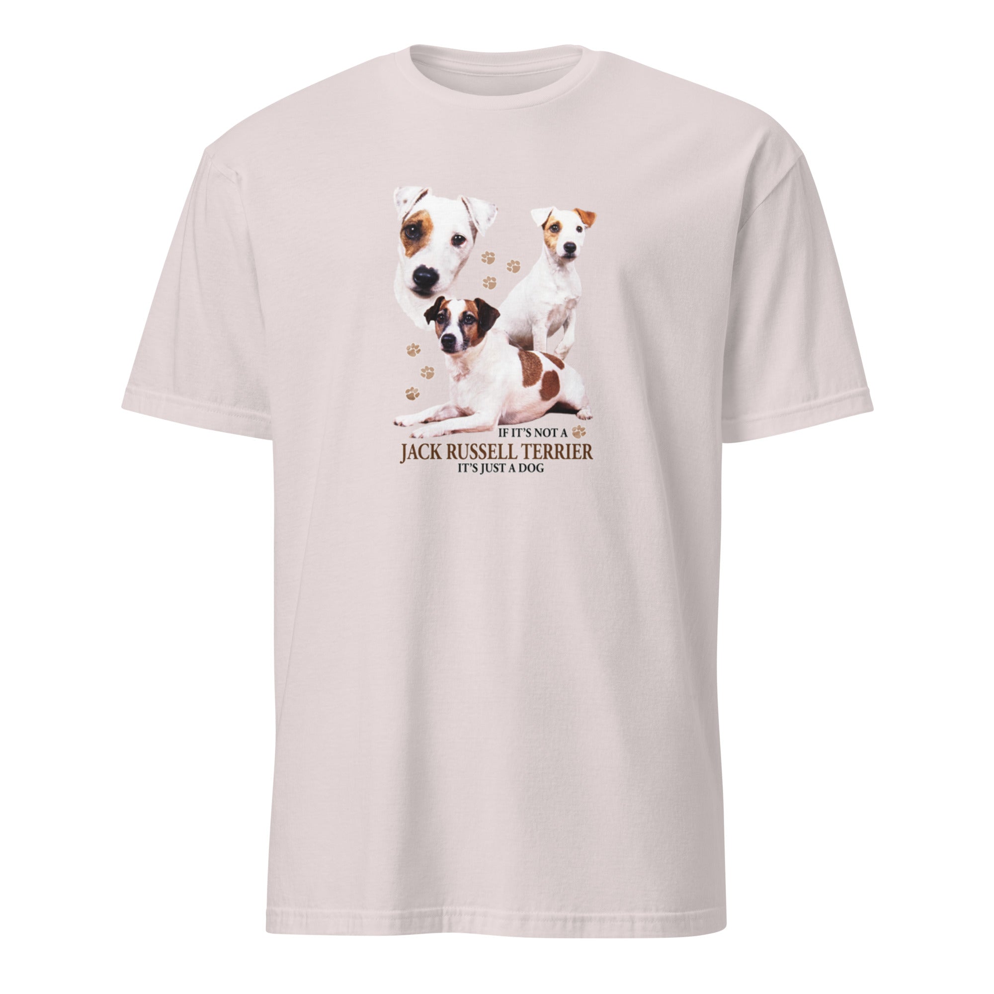 Light Grey t-shirt with Jack Russell Terrier dog illustration and If It's Not A Jack Russell Terrier It's Just A Dog T-shirt on a white background