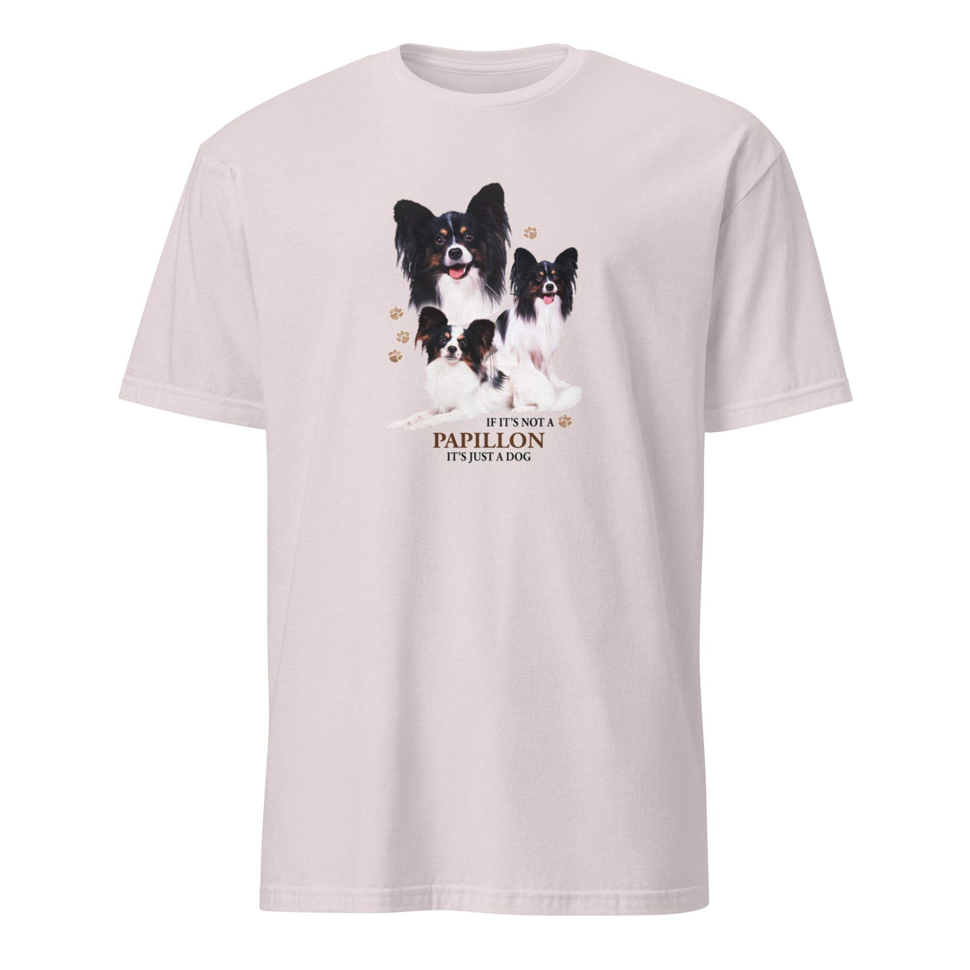 Light Grey t-shirt with Papillon dog illustration and If It's Not A Papillon It's Just A Dog T-shirt on a white background
