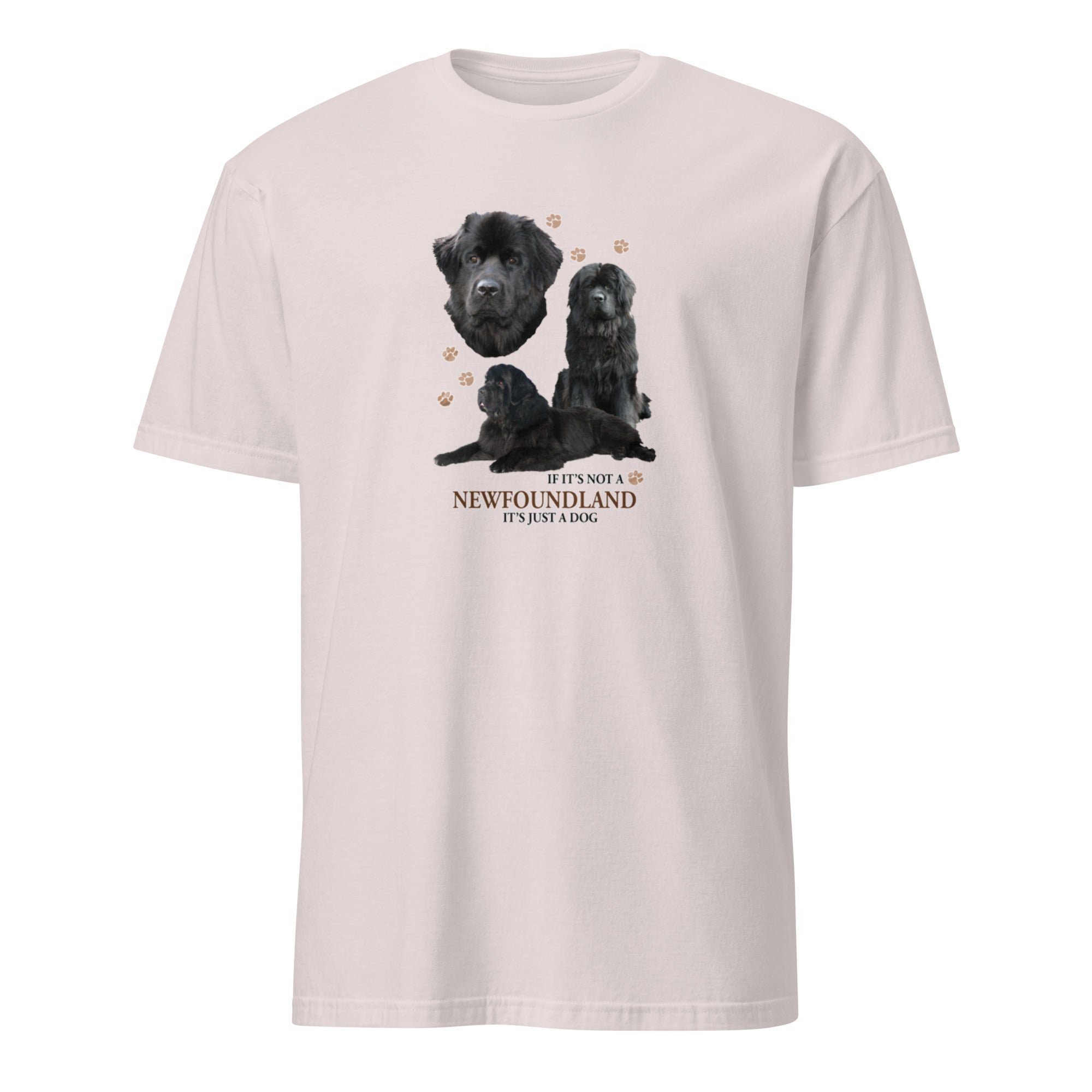 Light Grey t-shirt with Newfoundland graphic and If It's Not A Newfoundland It's Just A Dog text on a white 