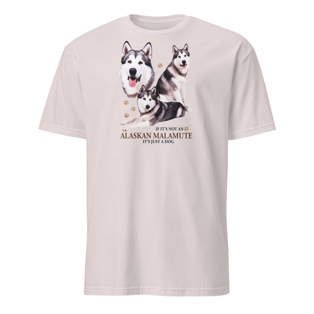 Light Grey t-shirt with Alaskan Malamute graphic and If It's Not A Alaskan Malamute It's Just A Dog text on a white background