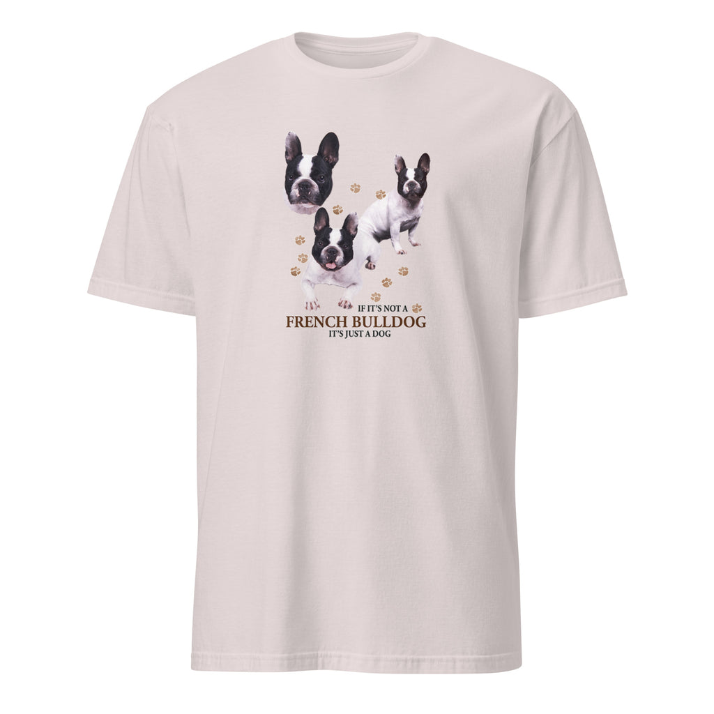 Beige t-shirt with French Bulldog graphic and text on a white background