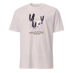 Beige t-shirt with French Bulldog graphic and text on a white background