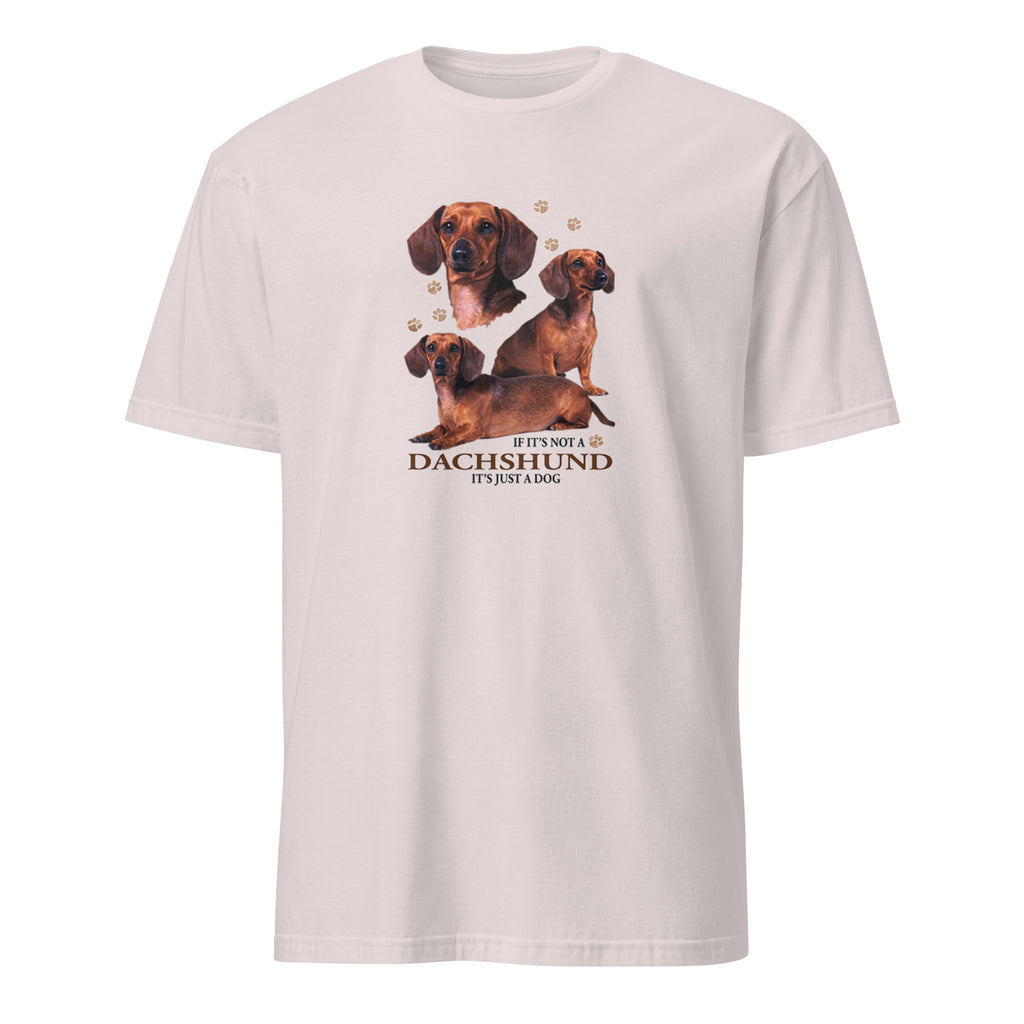 White t-shirt with dachshund graphic and text on a white background