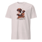 White t-shirt with dachshund graphic and text on a white background