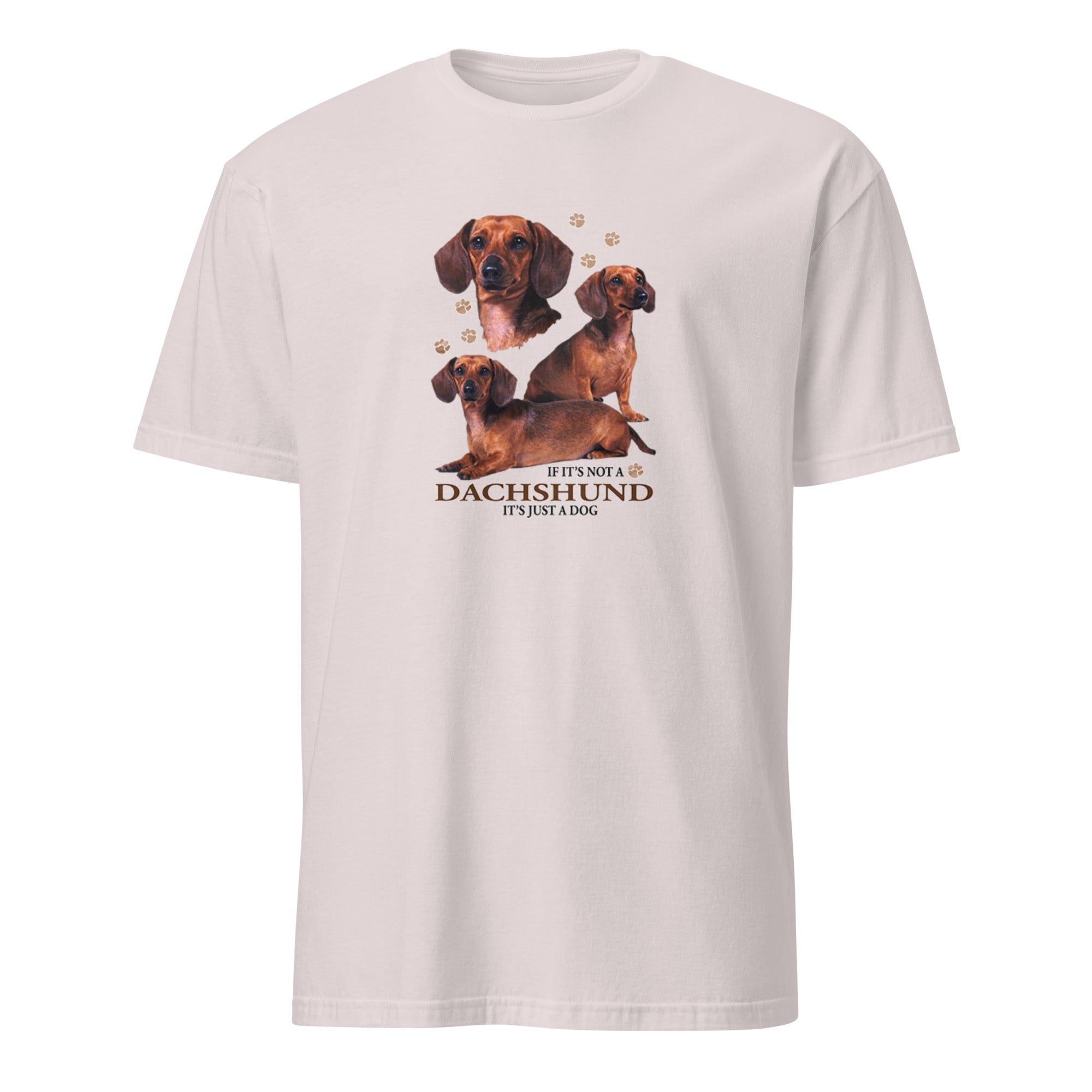 White t-shirt with dachshund graphic and text on a white background