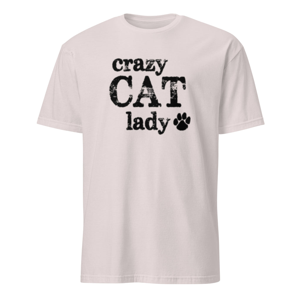 White t-shirt with 'crazy CAT lady' text and paw print on a white background
