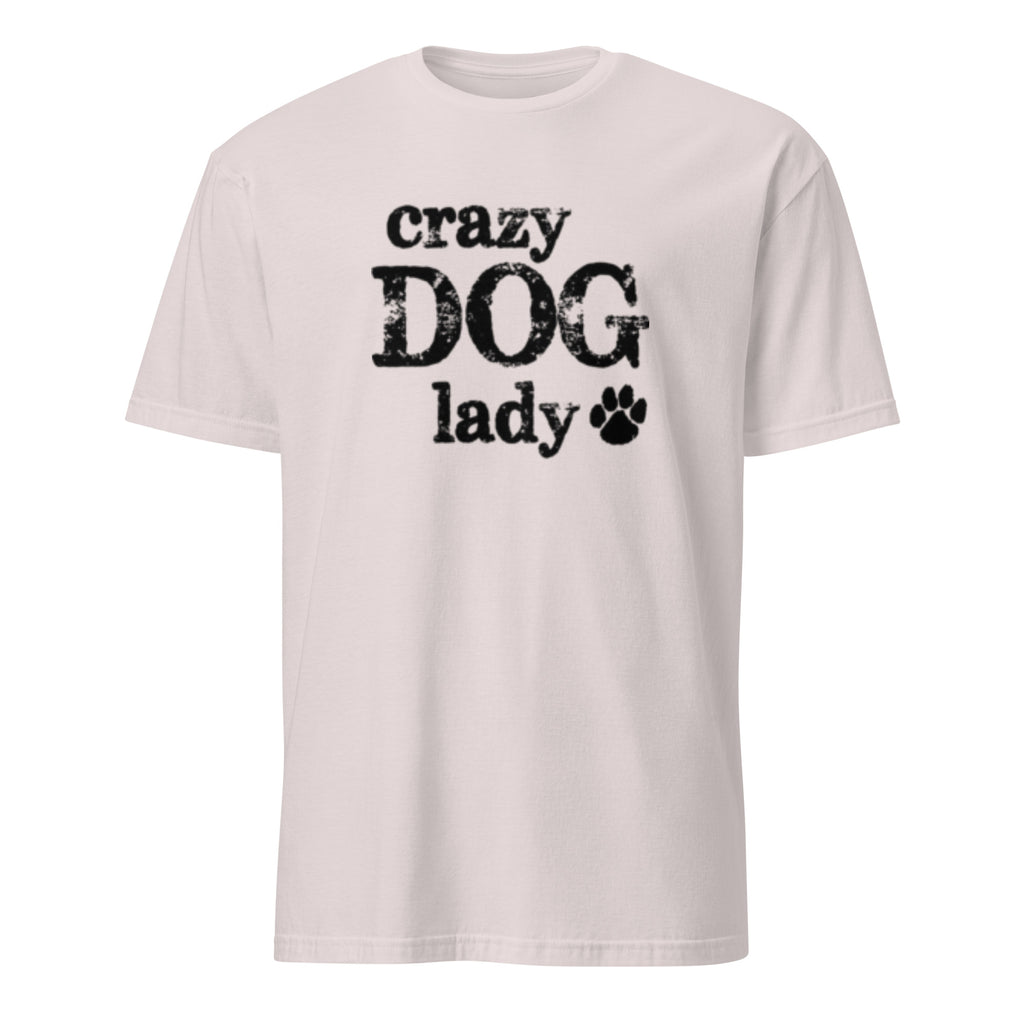 White t-shirt with 'crazy DOG lady' text and paw print on a white background