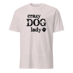 White t-shirt with 'crazy DOG lady' text and paw print on a white background