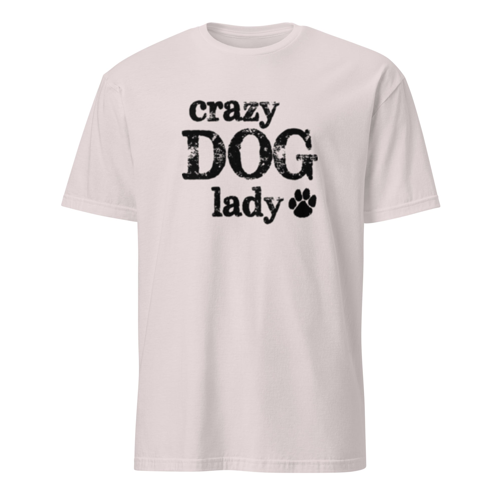 White t-shirt with 'crazy DOG lady' text and paw print on a white background