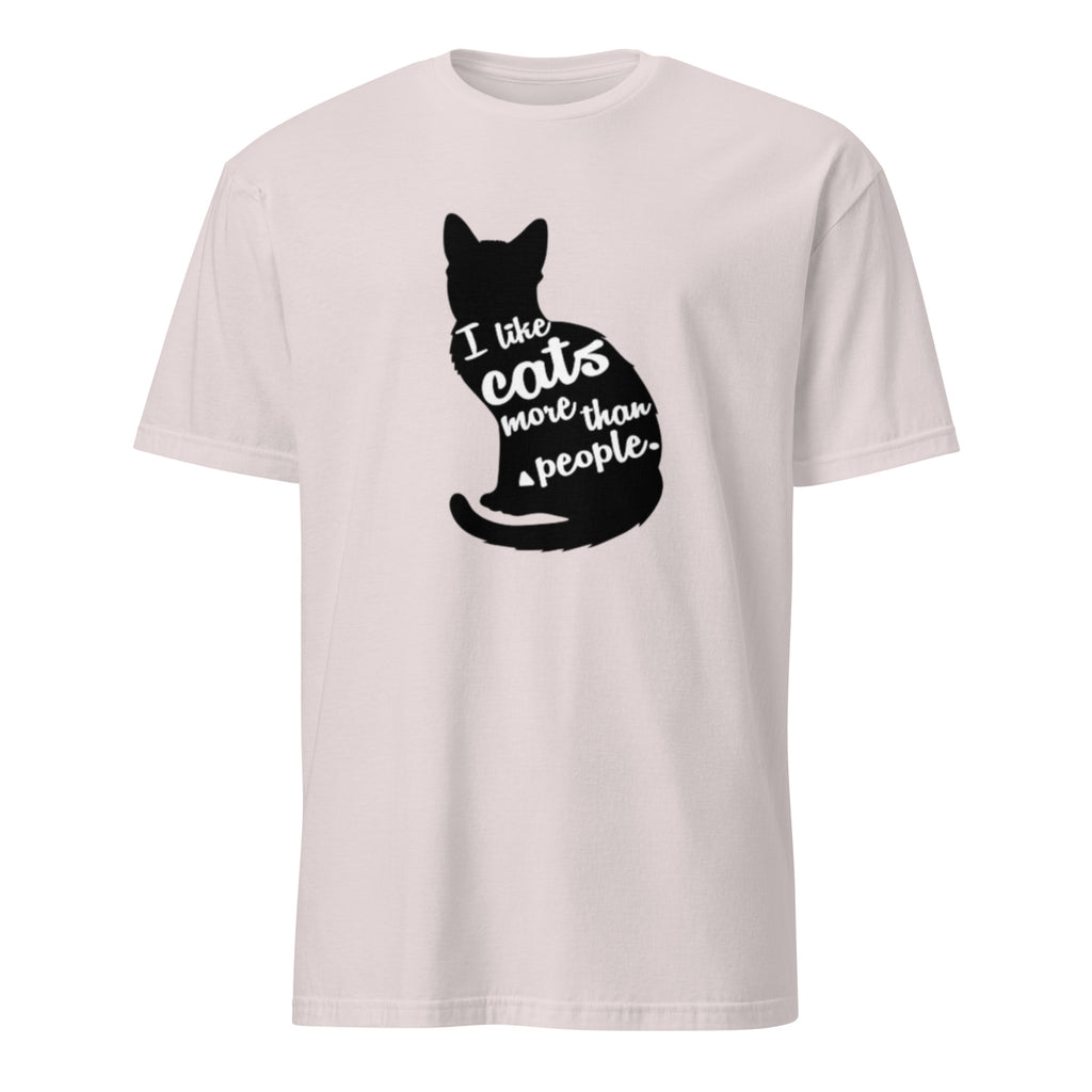 Light Grey t-shirt with a black cat silhouette and I Like Cats More Than People text on a white background