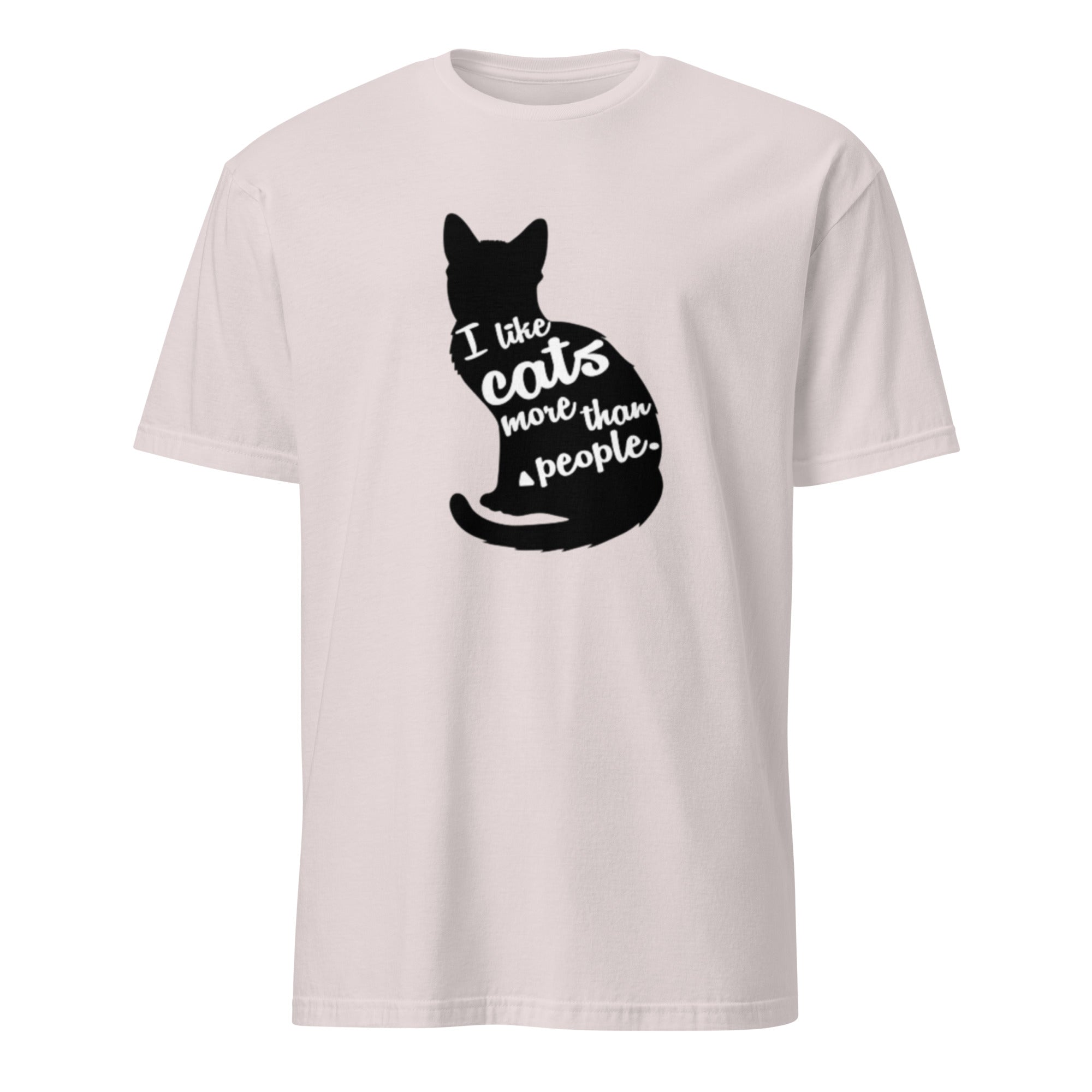Light Grey t-shirt with a black cat silhouette and I Like Cats More Than People text on a white background