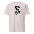 White t-shirt with black text 'I like dogs more than people' on a white background