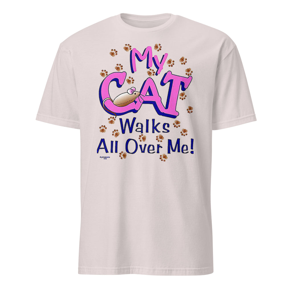 Ice Grey t-shirt with 'My Cat Walks All Over Me!' text and paw prints on a white background