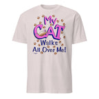 Ice Grey t-shirt with 'My Cat Walks All Over Me!' text and paw prints on a white background