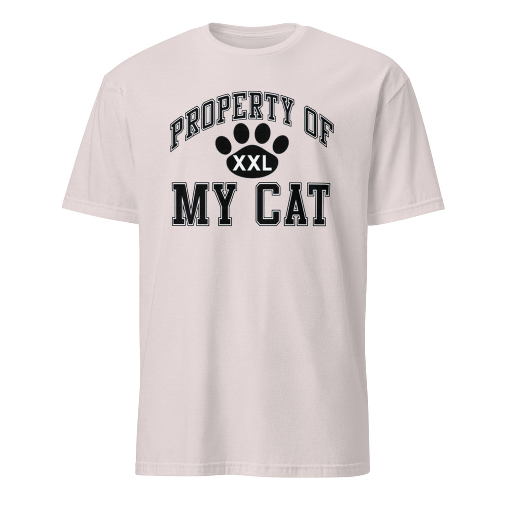 White t-shirt with 'Property of My Cat' text and paw print design on a white background