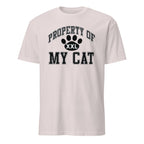 White t-shirt with 'Property of My Cat' text and paw print design on a white background