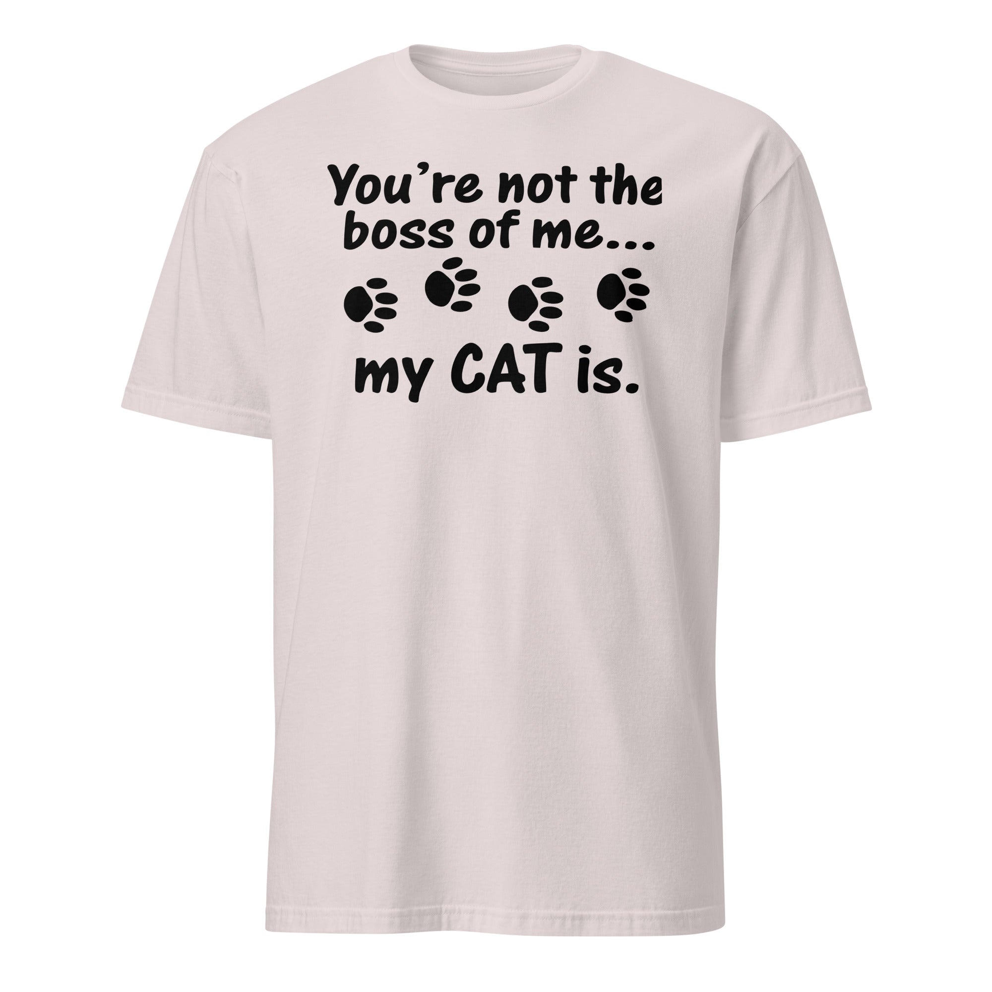 White t-shirt with black text and paw prints on a white background