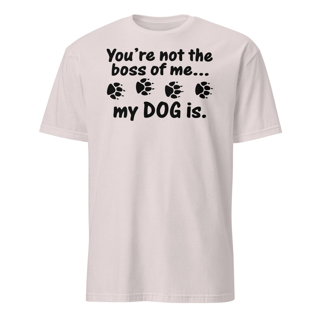 Beige t-shirt with black text and paw prints on a white background