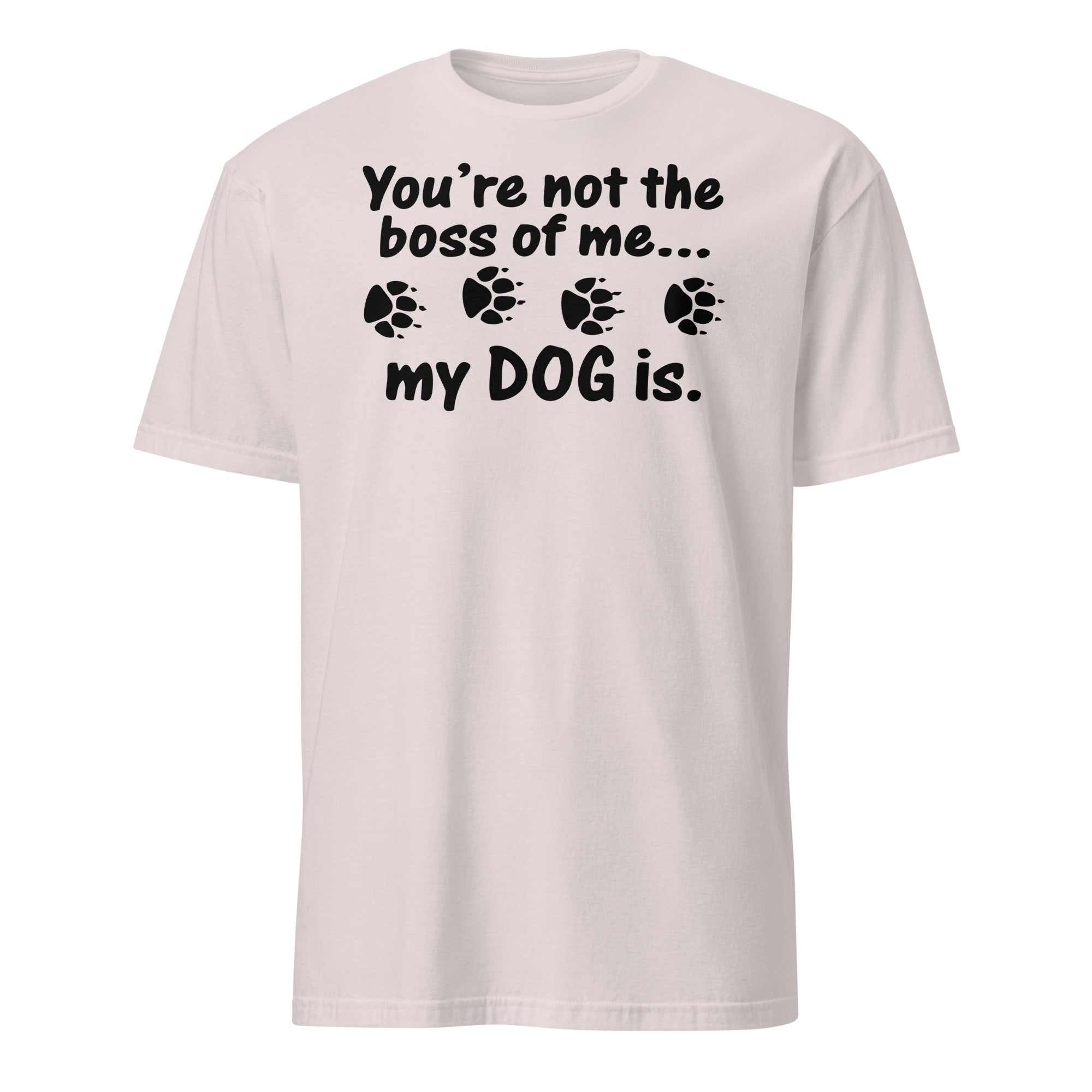 Beige t-shirt with black text and paw prints on a white background