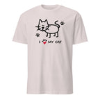 White t-shirt with a cat graphic and 'I love my cat' text on a white background