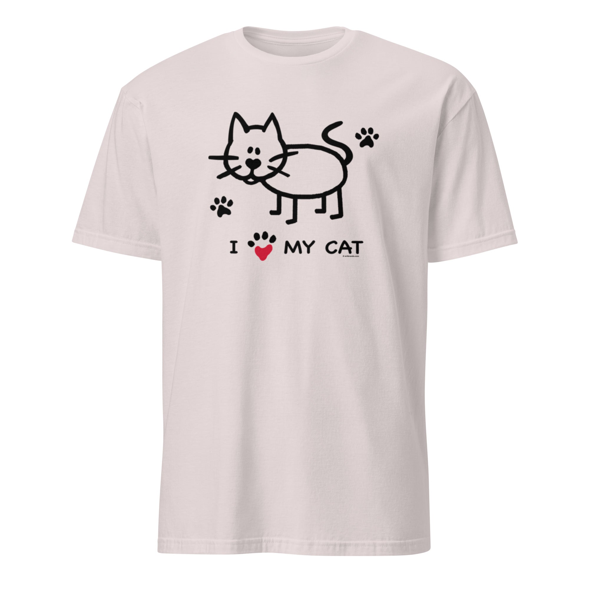 White t-shirt with a cat graphic and 'I love my cat' text on a white background