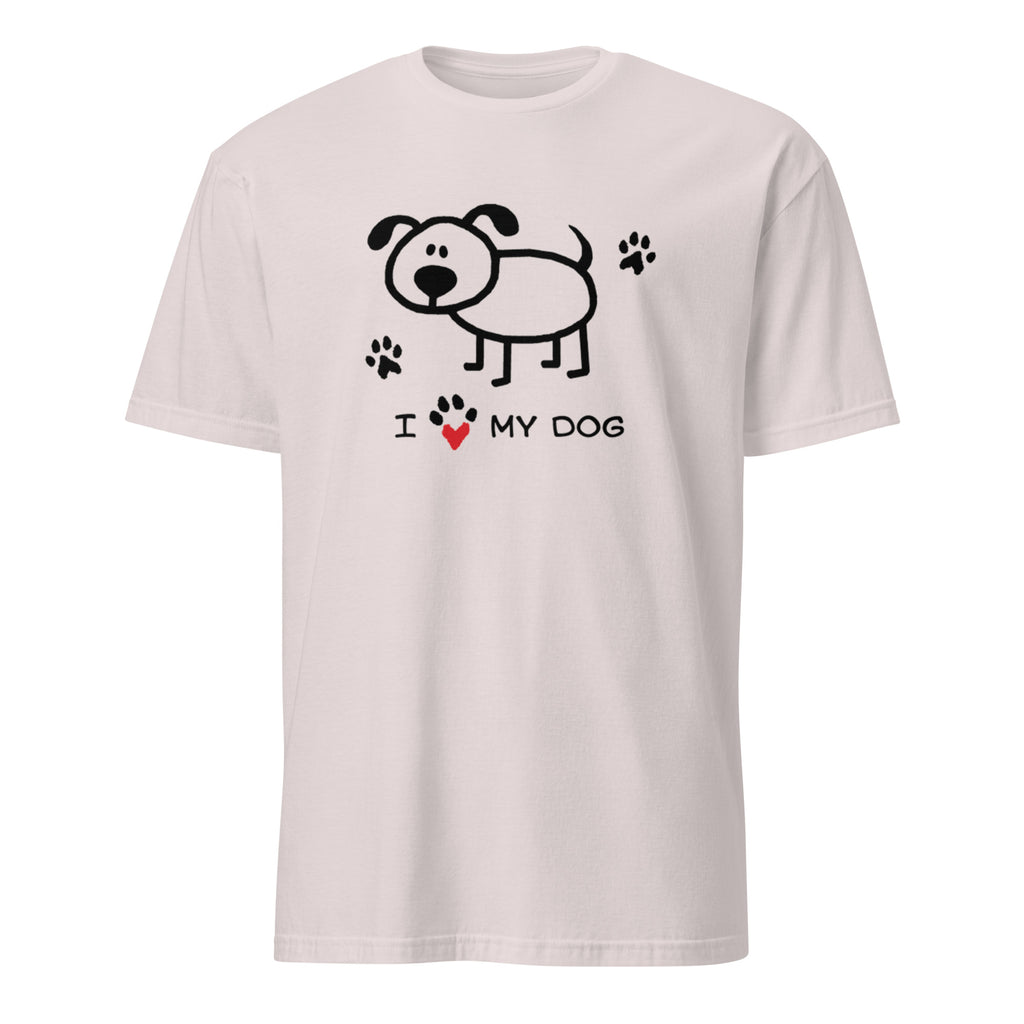 White t-shirt with a dog graphic and 'I love my dog' text on a white background