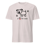 White t-shirt with a dog graphic and 'I love my dog' text on a white background