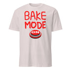 White t-shirt with red 'BAKE MODE ON' text and graphic on a white background