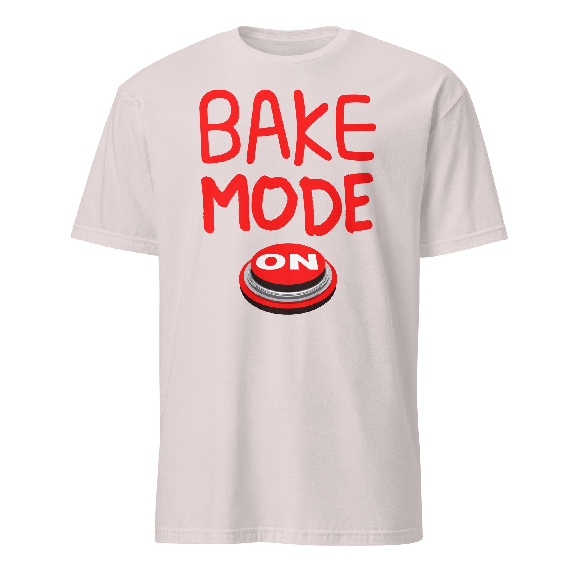 White t-shirt with red 'BAKE MODE ON' text and graphic on a white background