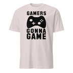 White t-shirt with 'GAMERS GONNA GAME' text and game controller graphic on a white background