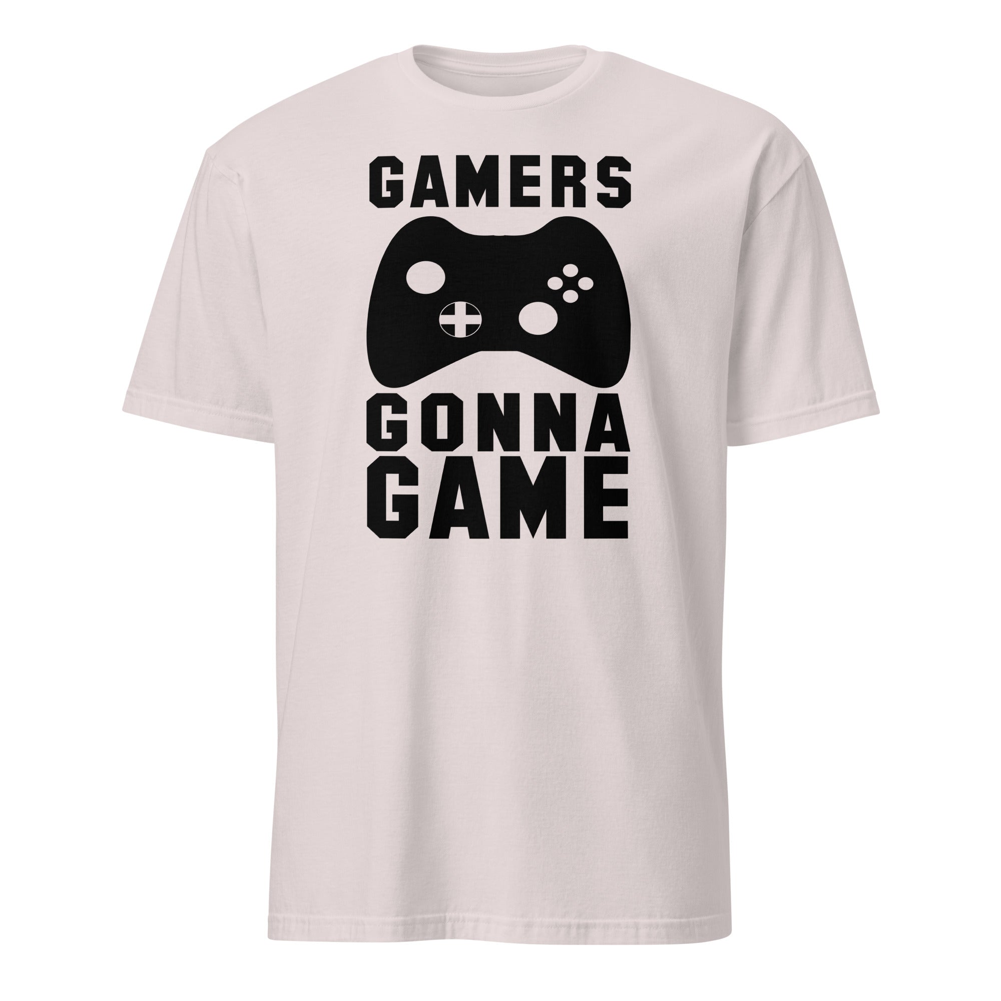 White t-shirt with 'GAMERS GONNA GAME' text and game controller graphic on a white background