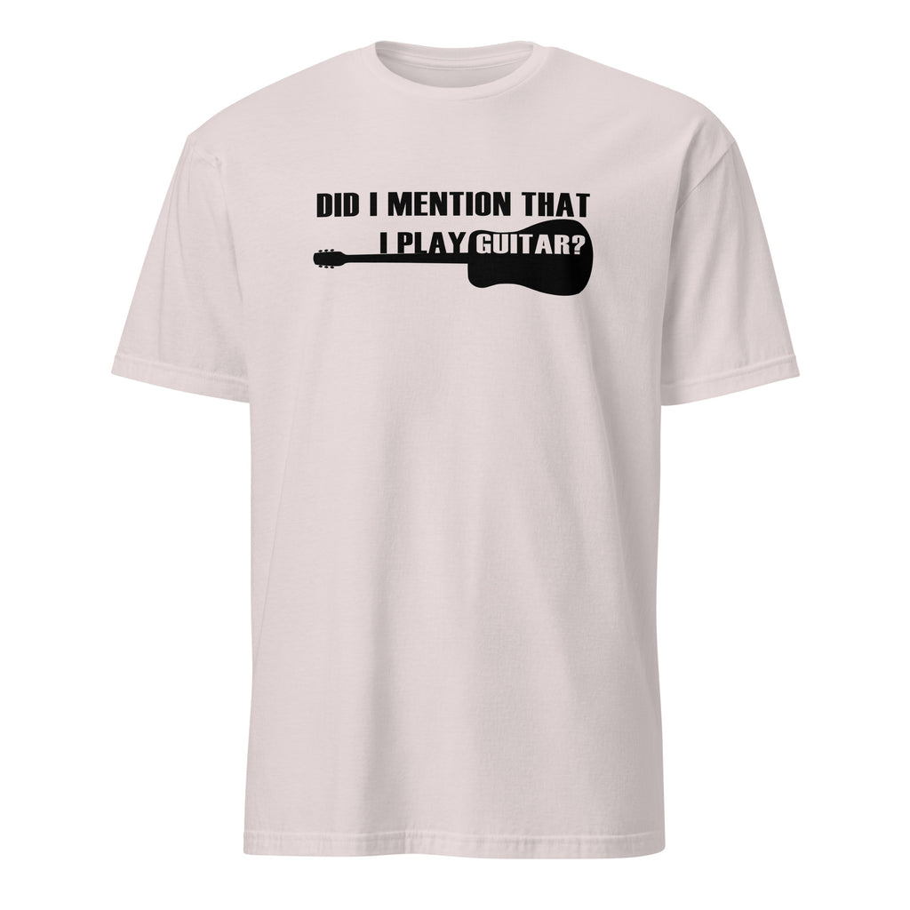 White t-shirt with black text and guitar graphic on a white background