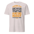 White t-shirt with humorous hunting-themed text design on a white background