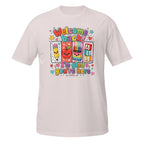 A light pink short-sleeve crewneck t-shirt featuring a colorful 'Welcome Back' school-themed graphic on the chest with cartoon pencils, an apple, crayons, and alphabet blocks.