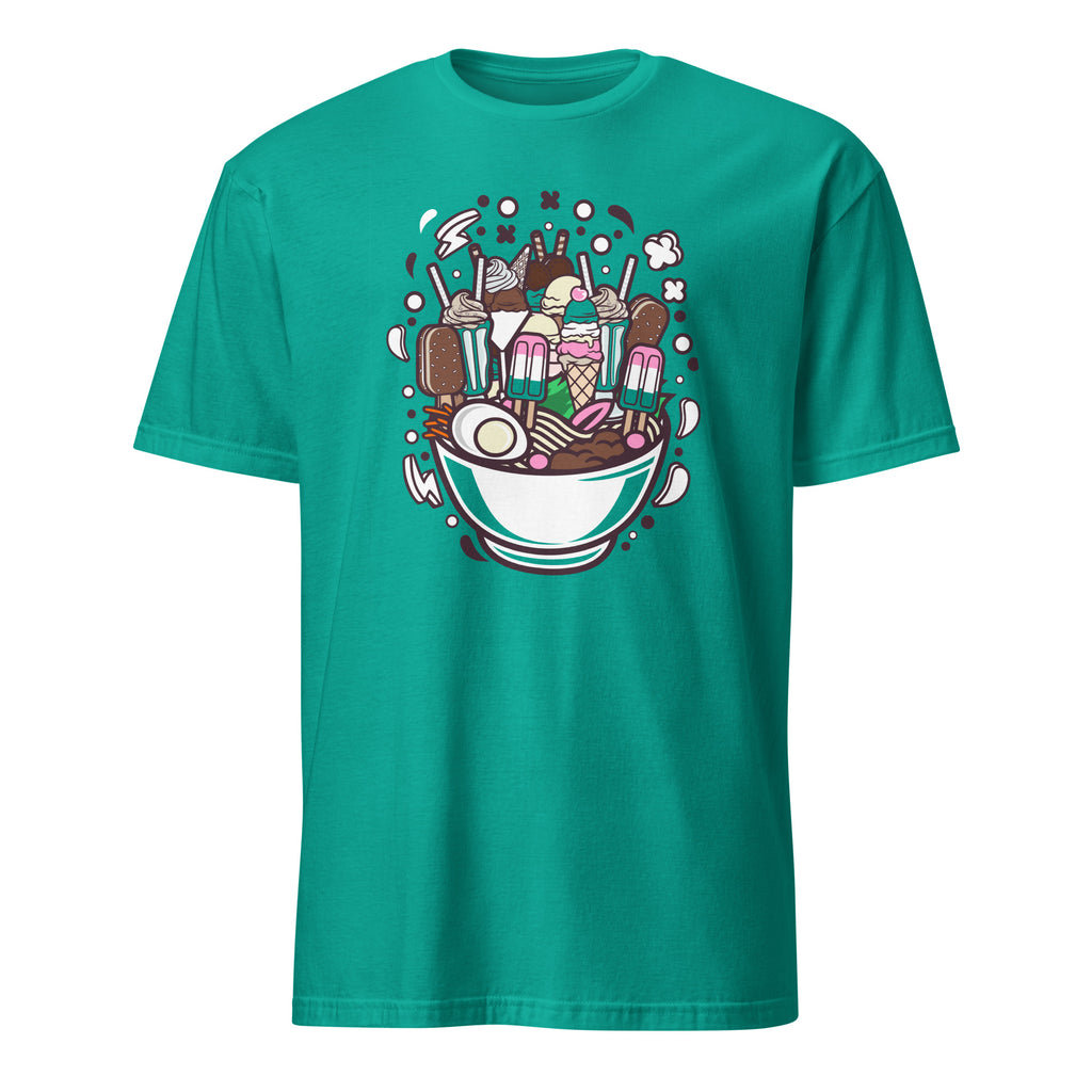 Teal t-shirt with ice cream sundae graphic on a white background