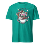 Teal t-shirt with ice cream sundae graphic on a white background