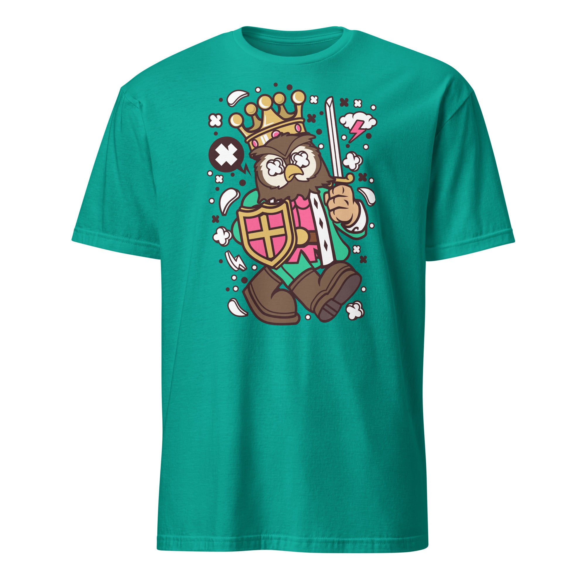 Teal t-shirt with a cartoon owl design holding a sword on a white background