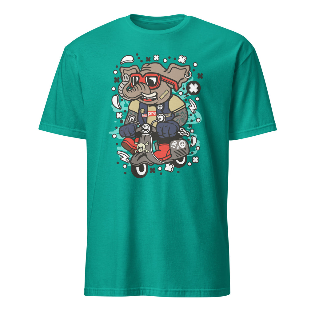 Teal t-shirt with a graphic of a bear on a scooter on a white background