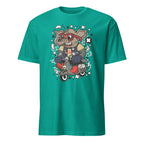 Teal t-shirt with a graphic of a bear on a scooter on a white background