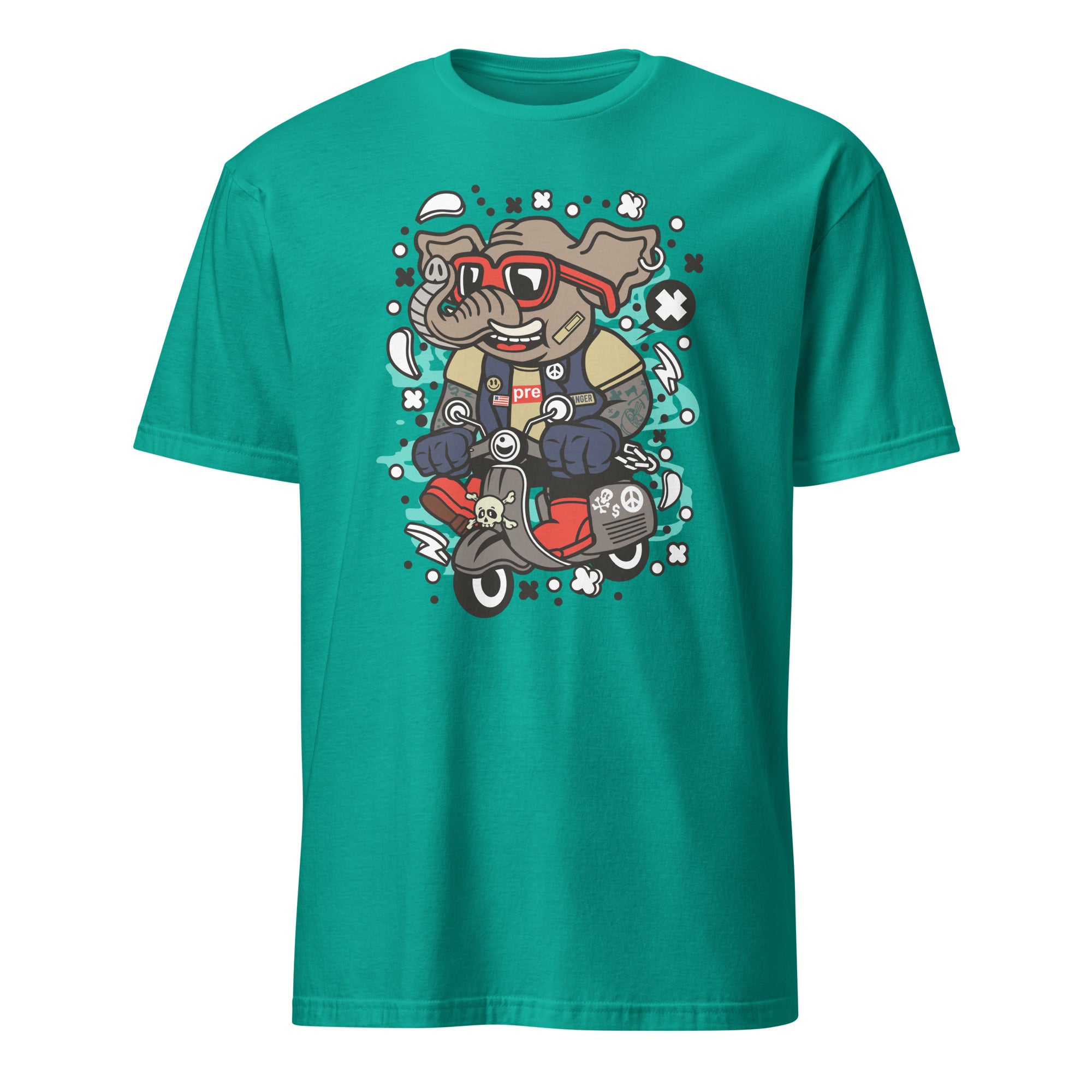 Teal t-shirt with a graphic of a bear on a scooter on a white background