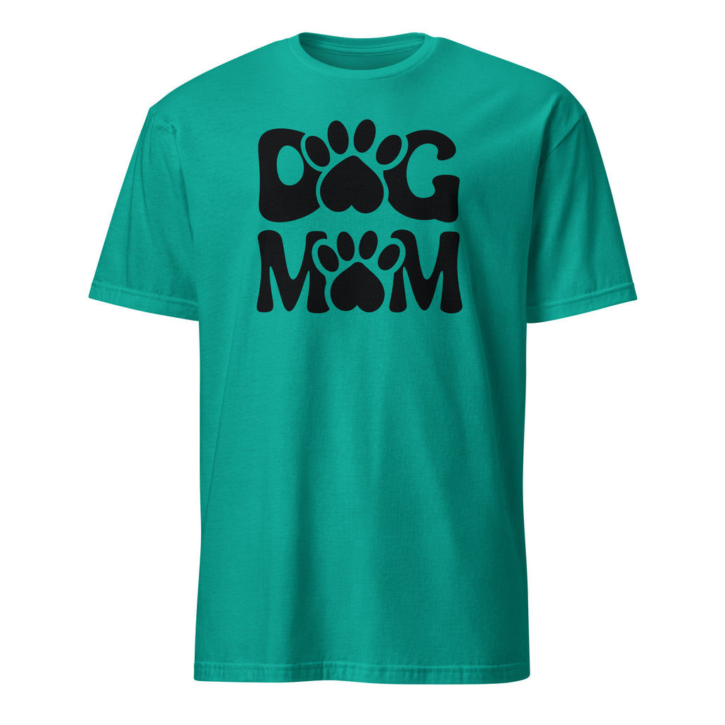 Teal t-shirt with 'Dog Mom' text and paw prints on a white background
