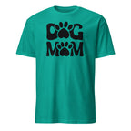 Teal t-shirt with 'Dog Mom' text and paw prints on a white background