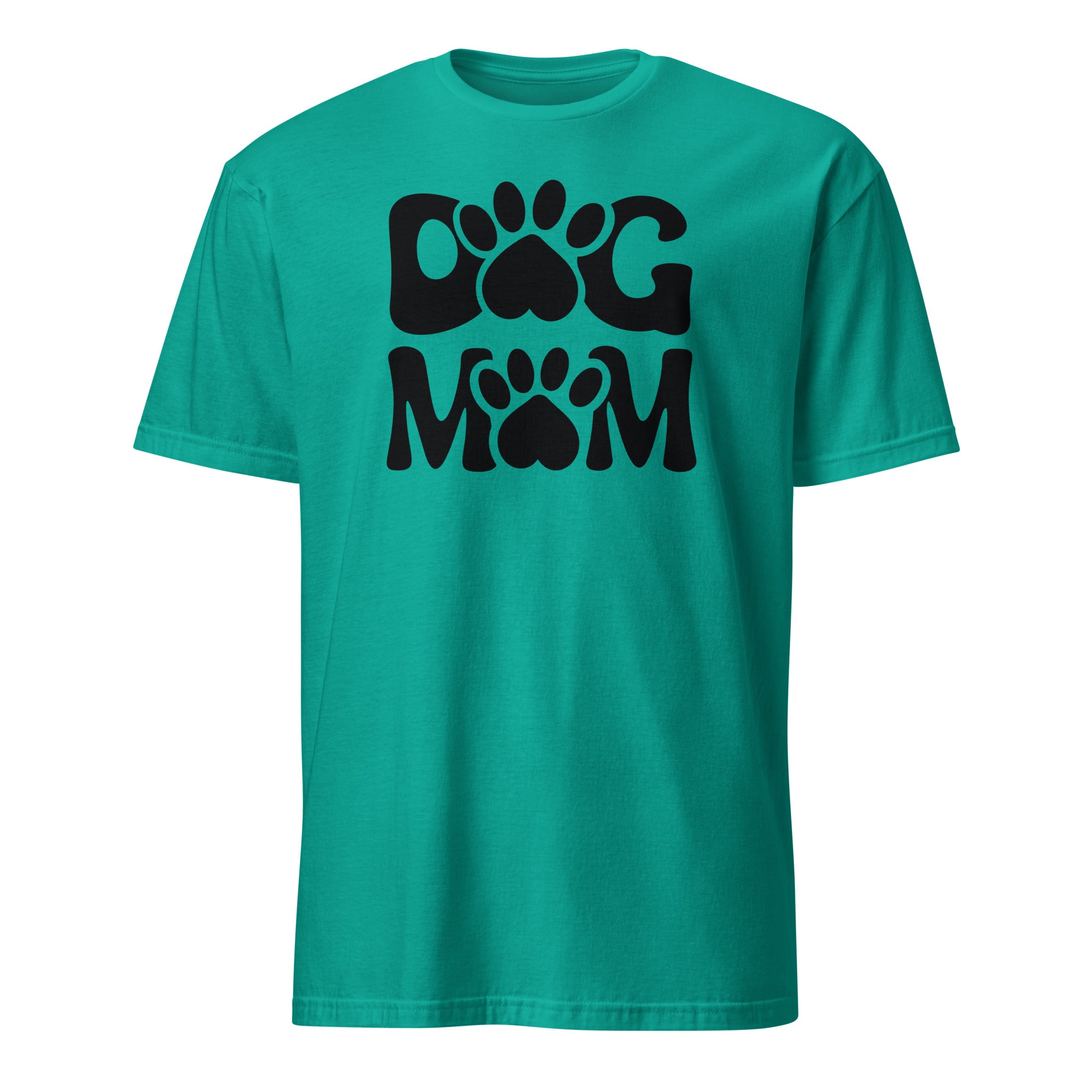 Teal t-shirt with 'Dog Mom' text and paw prints on a white background