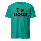 Teal t-shirt with 'I ❤️ DOGS ❤️ IT'S HUMANS THAT ANNOY ME' text on a white background