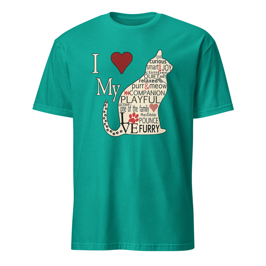 Teal t-shirt with a graphic of a dog and text on a white background