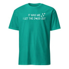Teal t-shirt with white text and paw prints on a white background
